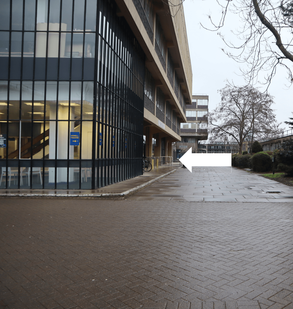 A closer image of the outside of the Howell, indicating the doorway at the entrance.