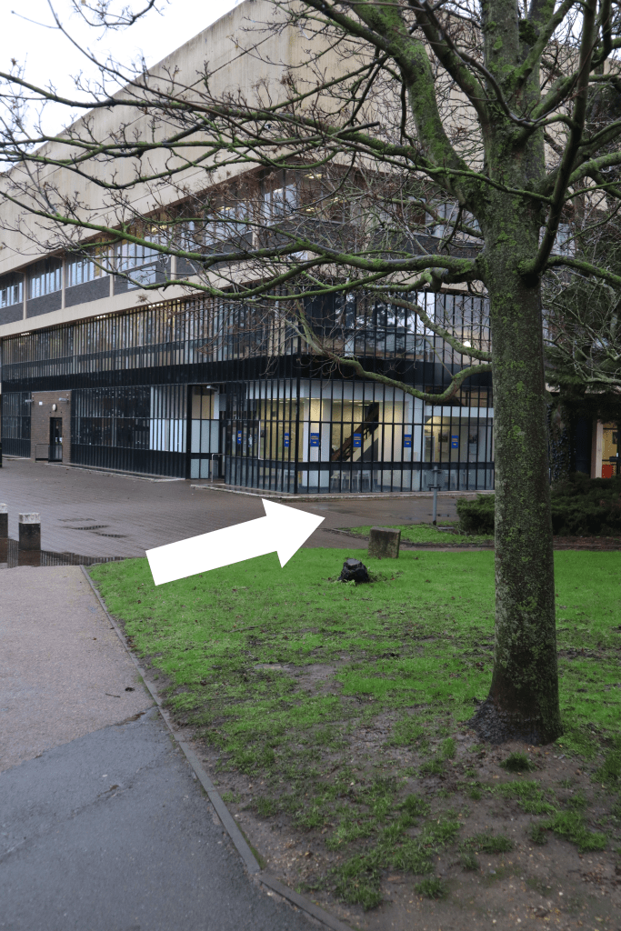 The outside of the Howell building with an arrow pointing down the side to indicate where to go.