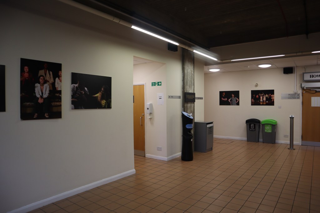 The entrance to the accessible toilet. It's in a small alcove with a brown door.